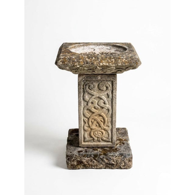 English Regency Style Weathered Cast Stone Birdbath With Celtic Knot Pedestal For Sale - Image 4 of 10