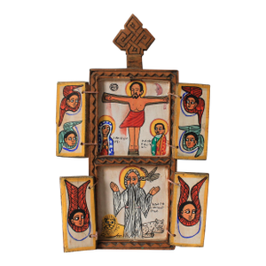 Ethiopian Orthodox Coptic Triptych Icon Hand Painted Crucifixion & Resurrection Scene