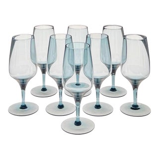 Mid-20th Century Crystal Wine Glasses in Smokey Sapphire - Set of 8 For Sale