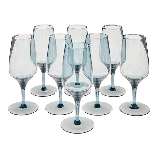 Mid-20th Century Crystal Wine Glasses in Smokey Sapphire - Set of 8 For Sale