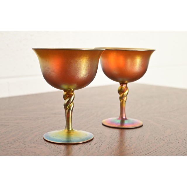 Steuben Glass Early 20th Century Steuben Aurene Iridescent Art Glass Goblets - a Pair For Sale - Image 4 of 11