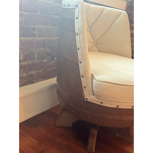 1970s Rustic Swivel Barrel Accent Chair | Tufted Upholstery | Wine Barrel Style For Sale - Image 5 of 8