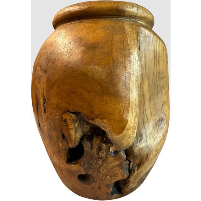 Handcrafted Wabi Sabi Turned Teak Root Wood Urn Vessel With Organic Natural Knots and Voids For Sale - Image 10 of 14