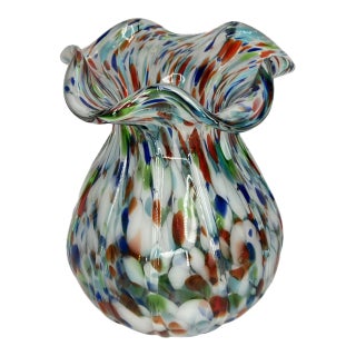 Vintage MCM Millefiori Speckled Ruffled Top Art Glass 7.5" Vase For Sale