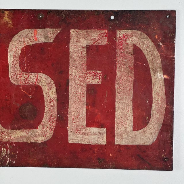 Vintage Large Hand Made Double Sided "Open/Closed" Metal Sign in Firetruck Red For Sale - Image 9 of 9