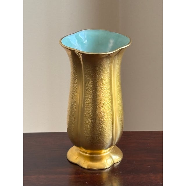 Mid-20th Century Pickard China Gold Encrusted Floral Vase W/ Turquoise Interior For Sale In Baltimore - Image 6 of 13