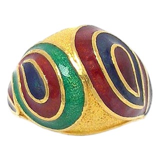 Mid 20th Century 24k Gold Multicolor Enamel Textured Dome Ring Size 6.5 For Sale