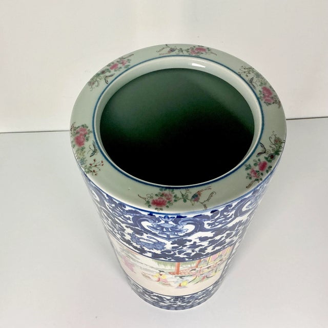 Blue April Showers…Antique Chinoiserie Hollywood Regency Flow Blue Porcelain Umbrella Stand. For Sale - Image 8 of 13