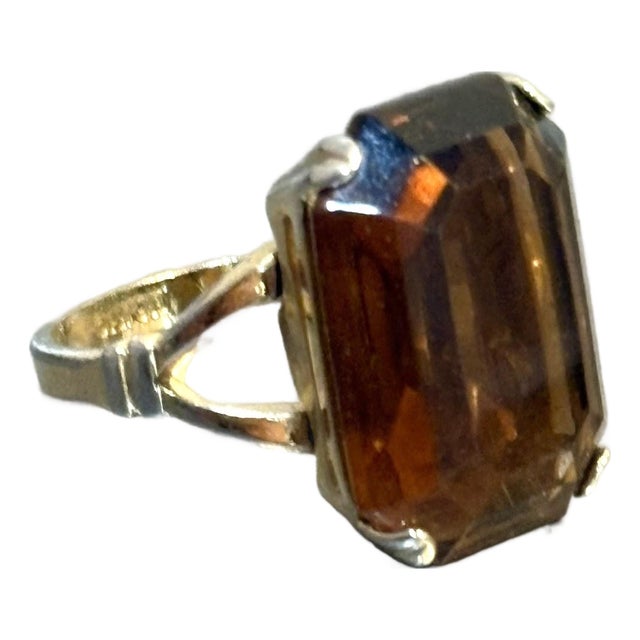 Oversized Gold Tone/Faux Topaz Midcentury Cocktail Ring For Sale