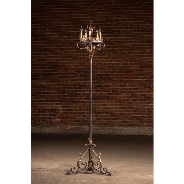 Gothic Early 20th Century Monumental Gothic Revival Wrought Iron Floor Candelabra Lamp For Sale - Image 3 of 8