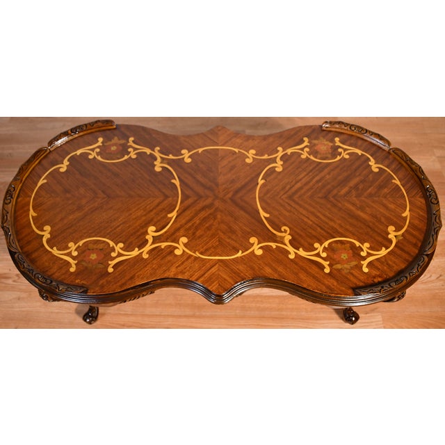 1920s Antique French Louis XV Walnut & Satinwood Inlay Coffee and End Tables Set For Sale - Image 12 of 17