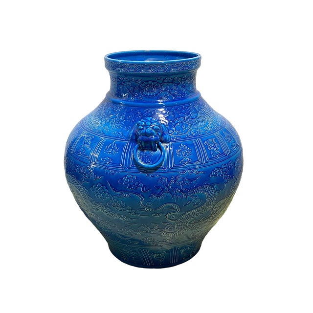 Turquoise Mansion Size Chinoiserie Dragon/Phoenix Turquoise Porcelain Vase 25" H For Sale - Image 8 of 12