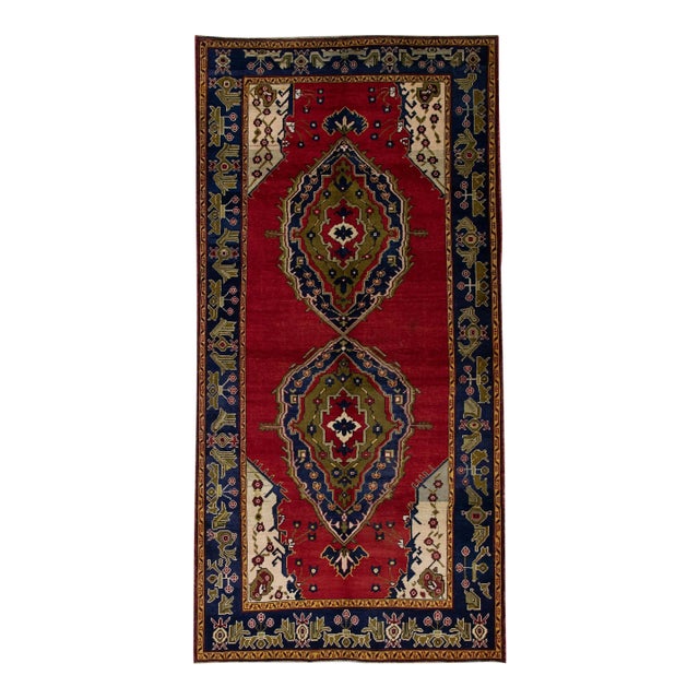 1960s Red & Blue Vintage Turkish Runner 5'8" X 11'5" For Sale