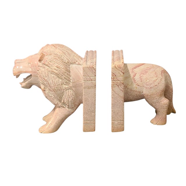 Pink Late 20th Century Hand Carved Italian Marble Lion Bookends- a Pair For Sale - Image 8 of 8