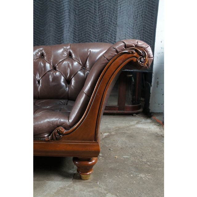 Wood Late 20th Century Baker Furniture Stately Homes Tufted Brown Leather & Walnut Chatsworth Sofa For Sale - Image 7 of 15
