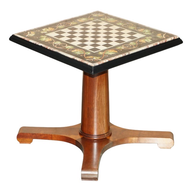 Large Antique Pietra Dura Marble Inlaid Chessboard Table with Cherrywood Base, 1880 For Sale