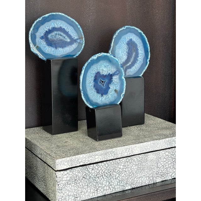 Elevate your space with this breathtaking, designer-grade set of 3 genuine Brazilian Blue Agate geode slices. Each crystal...