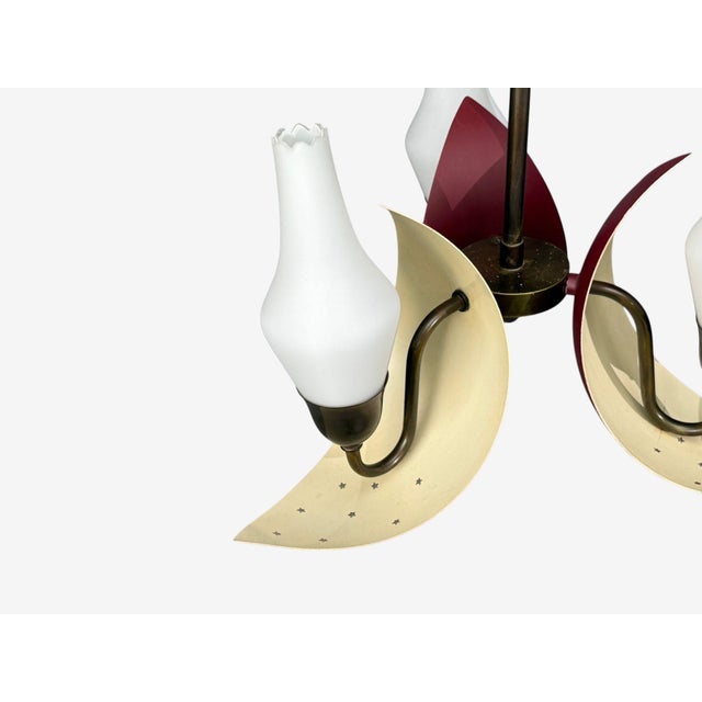 Tan 1950s Bent Karlby, Pendant Light, Brass, Red Lacquered Metal, Glass For Sale - Image 8 of 11