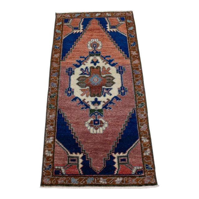 1970s Hand Knotted Turkish Small Rug Decorative Mat for Bathroom - Kitchen and Entryway- 18'' X 39'' For Sale