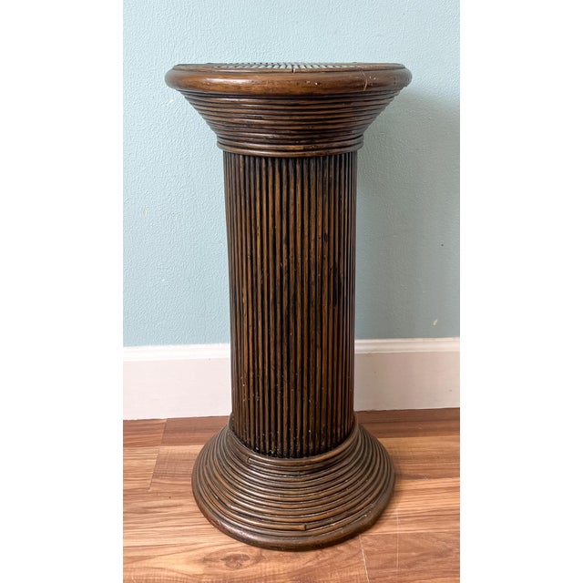 Wood 1970's Gabriella Crespi Style Pencil Reed Rattan Pedestal Plant Stand / Display Column – Coastal / Organic Modern / Boho Chic For Sale - Image 7 of 10