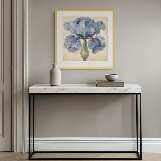 A striking botanical study featuring the elegant blooms of a magnificent blue iris, faithfully reproduced from an original...