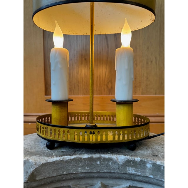 English Vintage Italian Two Light Mustard & Black Tole Ware Desk Lamp With Adjustable Shade For Sale - Image 3 of 10