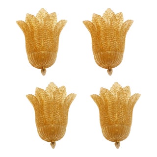 Set of Four Venetian Gold Graniglia “Leaf” Murano Glass Wall Sconces For Sale