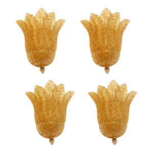 Set of Four Venetian Gold Graniglia “Leaf” Murano Glass Wall Sconces