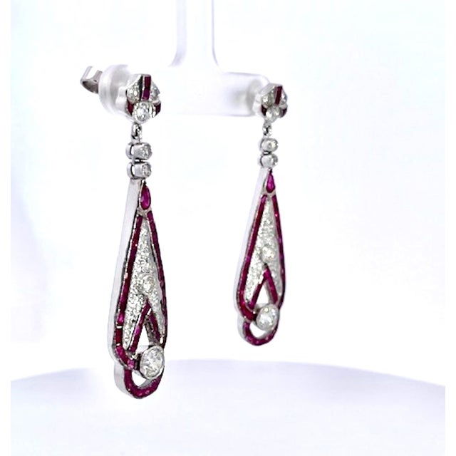 1990s Pair of Art Deco 18k White Gold Ruby Diamond Drop Earrings, 2" Length For Sale - Image 9 of 12