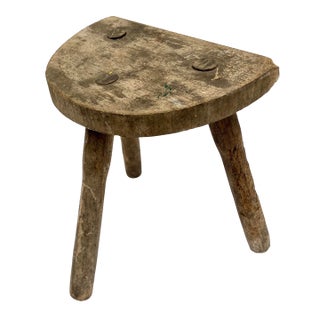 Late 1800s French Demilune Handcrafted Wood Milking Stool For Sale