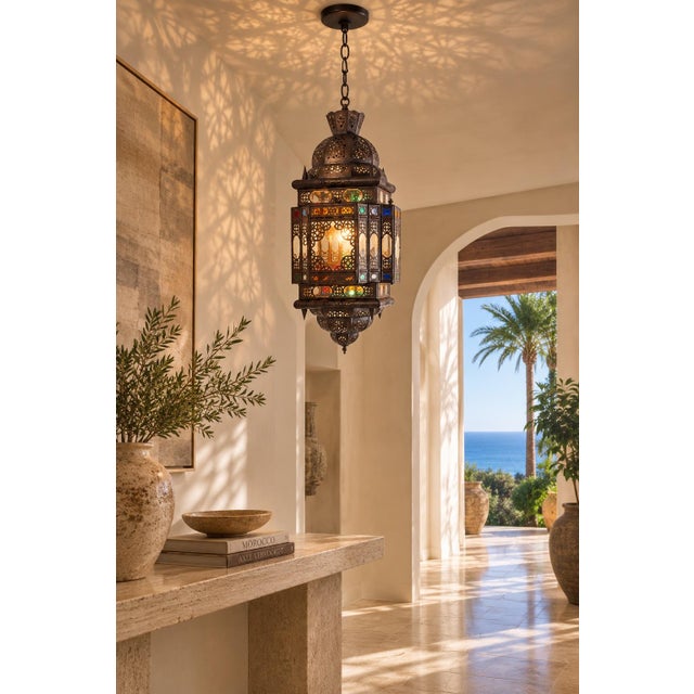 Moroccan Moroccan Hall Lantern Light Fixture With Multi-Color Glass Moorish Style For Sale - Image 3 of 15