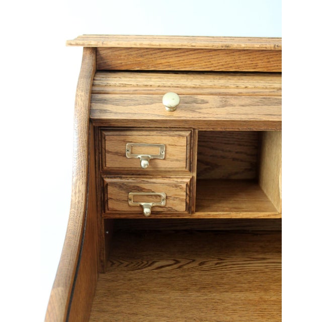 Vintage Oak Roll Top Secretary Desk For Sale - Image 6 of 17