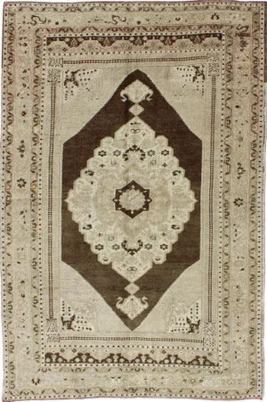 Vintage Turkish Oushak Rug in Taupe and Mocha Brown With Cream Medallion 4′9″ × 7′8″
