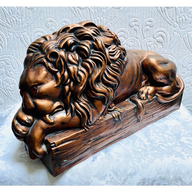 Mid-Century Modern Large Lion Copper Painted Ceramic Figurine Glass Eyes Signed He For Sale - Image 11 of 12