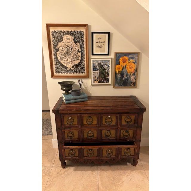 Antique Spanish Revival Solid Wood Chest with Metal Drawer Fronts & Iron Ring Pulls, circa 1920s–1940s An exceptional...