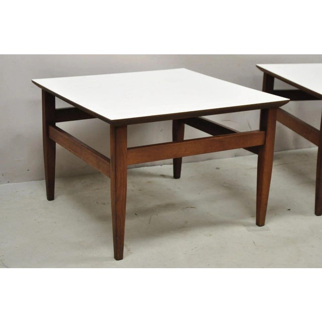 Vintage Mid Century Modern Walnut Base Laminate Top Low Side Tables - A Pair For Sale - Image 4 of 10