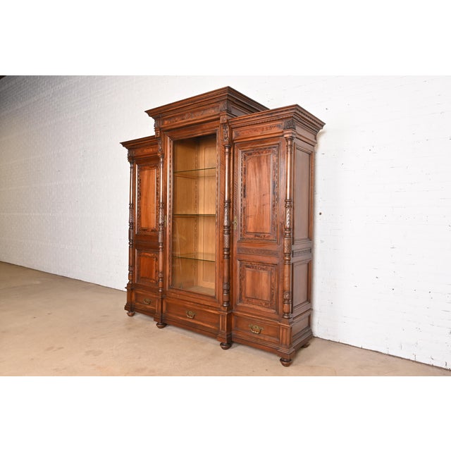 Victorian Herter Brothers Style Monumental Antique Eastlake Victorian Carved Walnut and Burl Wood Triple Bookcase Cabinet For Sale - Image 3 of 13