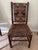 Rustic Old Hickory Adirondack style chairs, 8 total. Tapestry fabric back and leather-look seat. Side chairs are 19 1/2”...