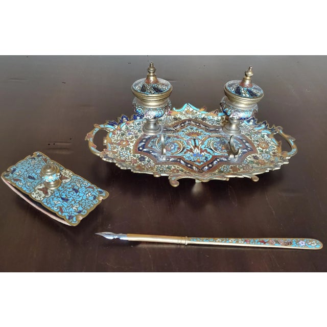 French Enameled Champlevé Gilt Bronze Inkwell Stand Desk Set - Set of 3 For Sale - Image 12 of 12