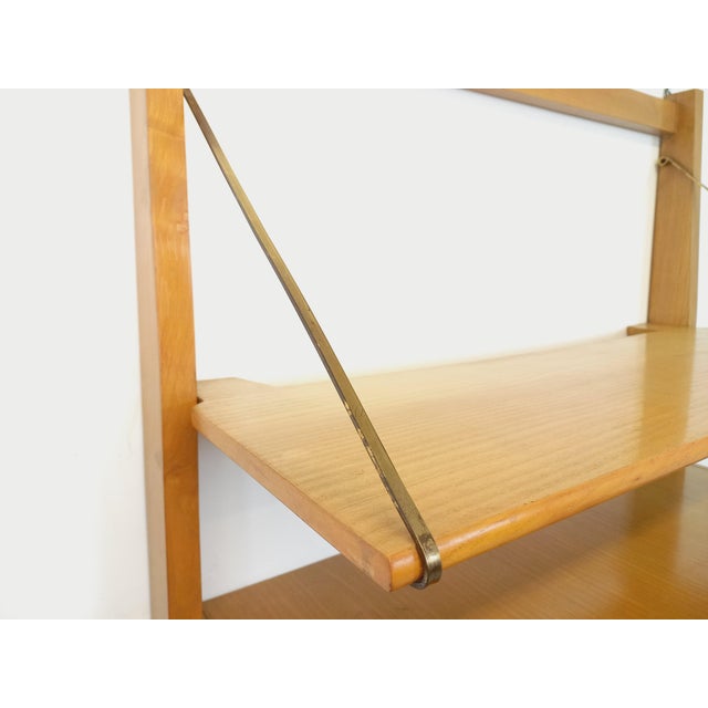 Wood Wall-Mounted Bookcase with Light Wood and Brass, 1960s For Sale - Image 7 of 18