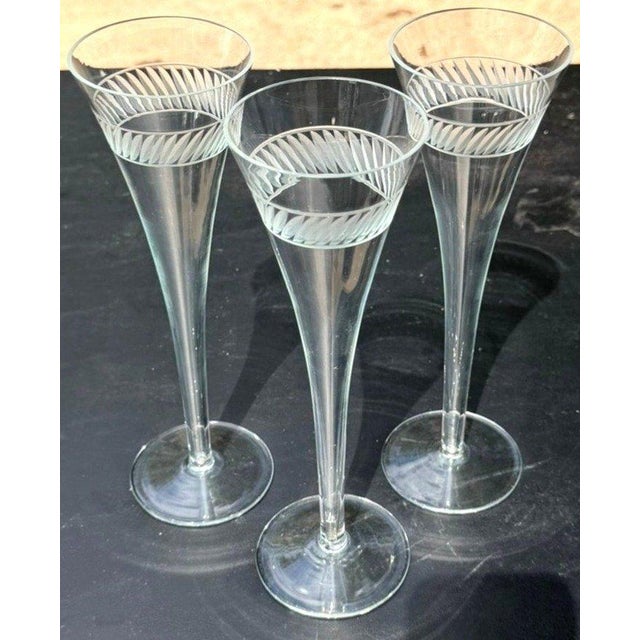 Antique Art Deco Crystal Champagne Flutes 10" Engraved Chevron Set of 3 For Sale - Image 4 of 7