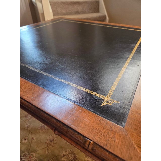 Vintage Drexel Faux Bamboo Chippendale Style Leather Top Game Table For Sale - Image 12 of 14