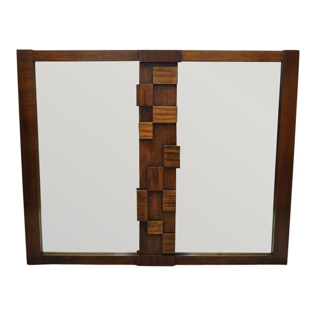 20thC Lane Mid Century Modern Brutalist Cubist Block Rectangular Wood Frame 52" Mirror For Sale