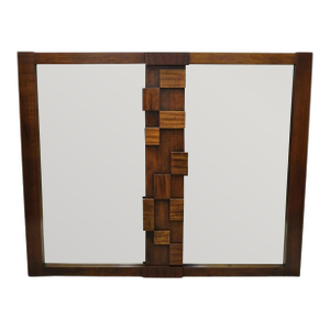 20thC Lane Mid Century Modern Brutalist Cubist Block Rectangular Wood Frame 52" Mirror