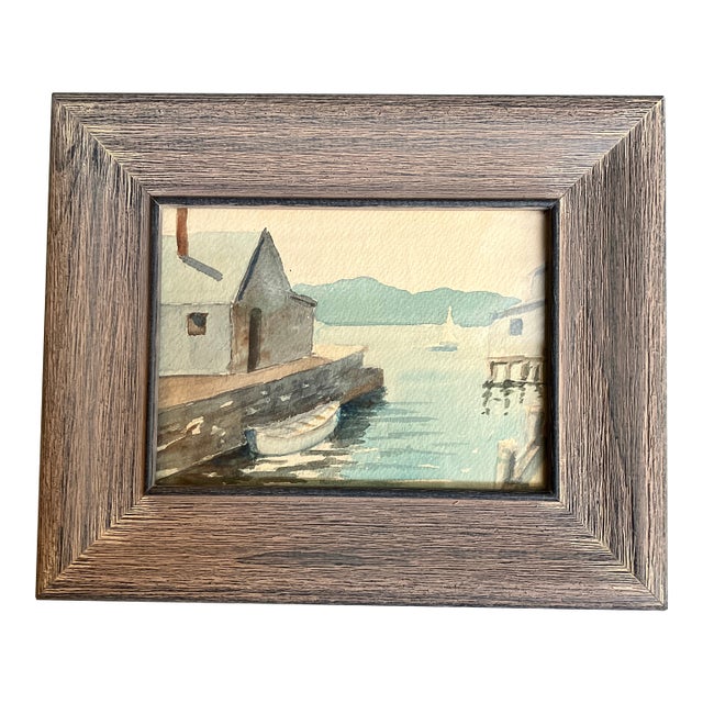 1970’s Original Fishing Village With Boats Watercolor Painting Distressed Wood Frame For Sale
