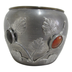 Antique Chinese Pewter Bowl or Pot With Inlaid Gem Flowers & Raised Leaves