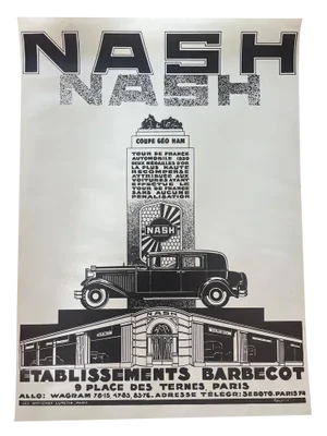 Vintage Nash Car Poster by Rogério for Barbecot, Paris, 1930s