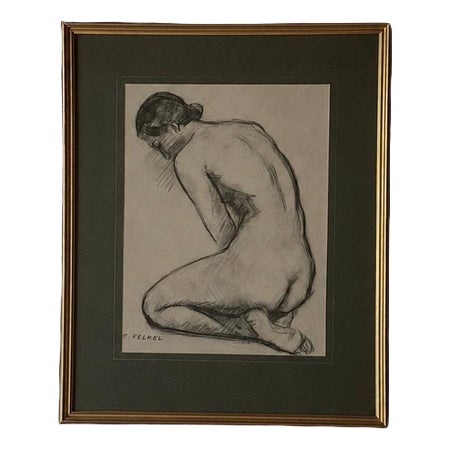 Carl Felkel, Female Nude Charcoal Drawing, Chalk and Charcoal, Framed For Sale