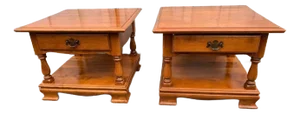 Pair of Ethan Allen Early American Colonial Style Maple 2 Tier Nightstands
