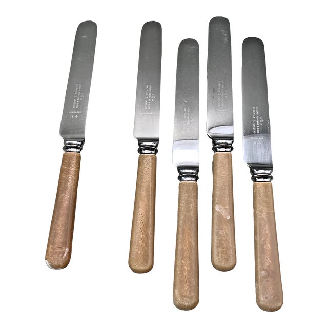 1940s Mid-Century Modern Joseph Rodgers & Sons Dinner Knives Set 6 - Stainless With Bakelite Handles For Sale